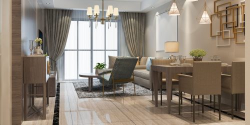 3d rendering loft luxury living room with shelf near dining table